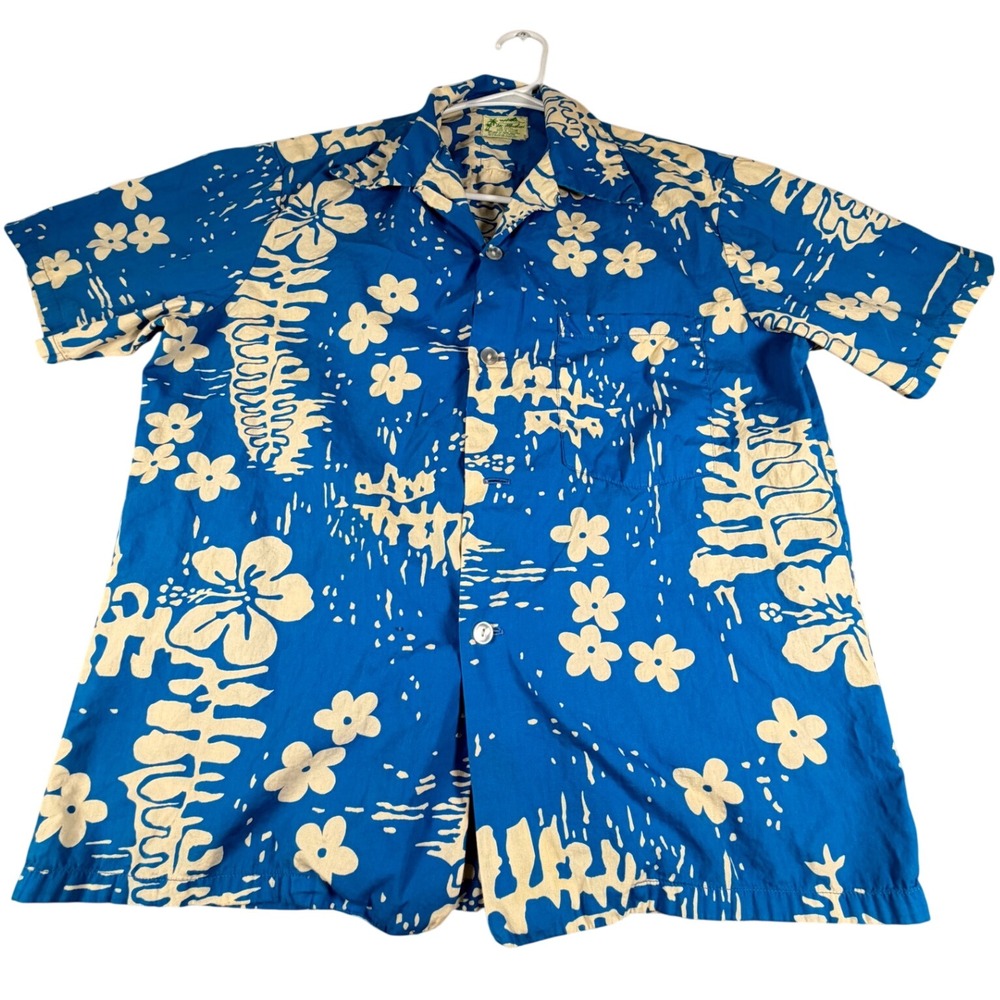 Ui-Maikai Vintage 60's Hawaiian Shirt Blue Floral Cotton Made in Hawaii XL